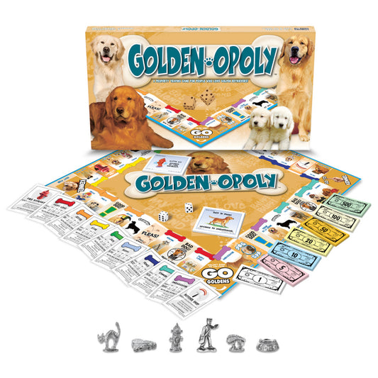 Golden-Opoly board game with box, game board, player tokens, colorful money, dice, and instruction cards featuring Golden Retriever dogs