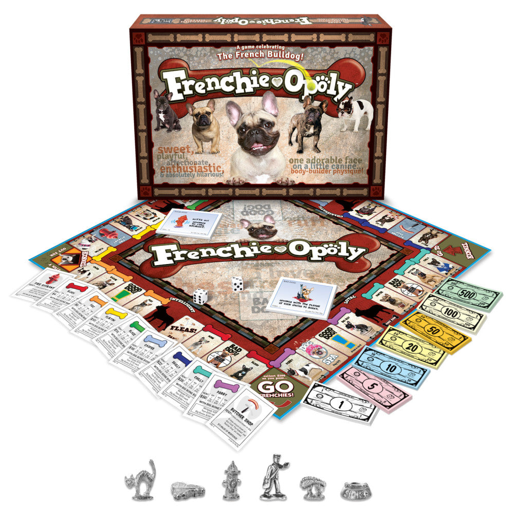Frenchie-opoly board game box and contents displayed, including game board, property cards, play money, dice, and French Bulldog-themed game pieces