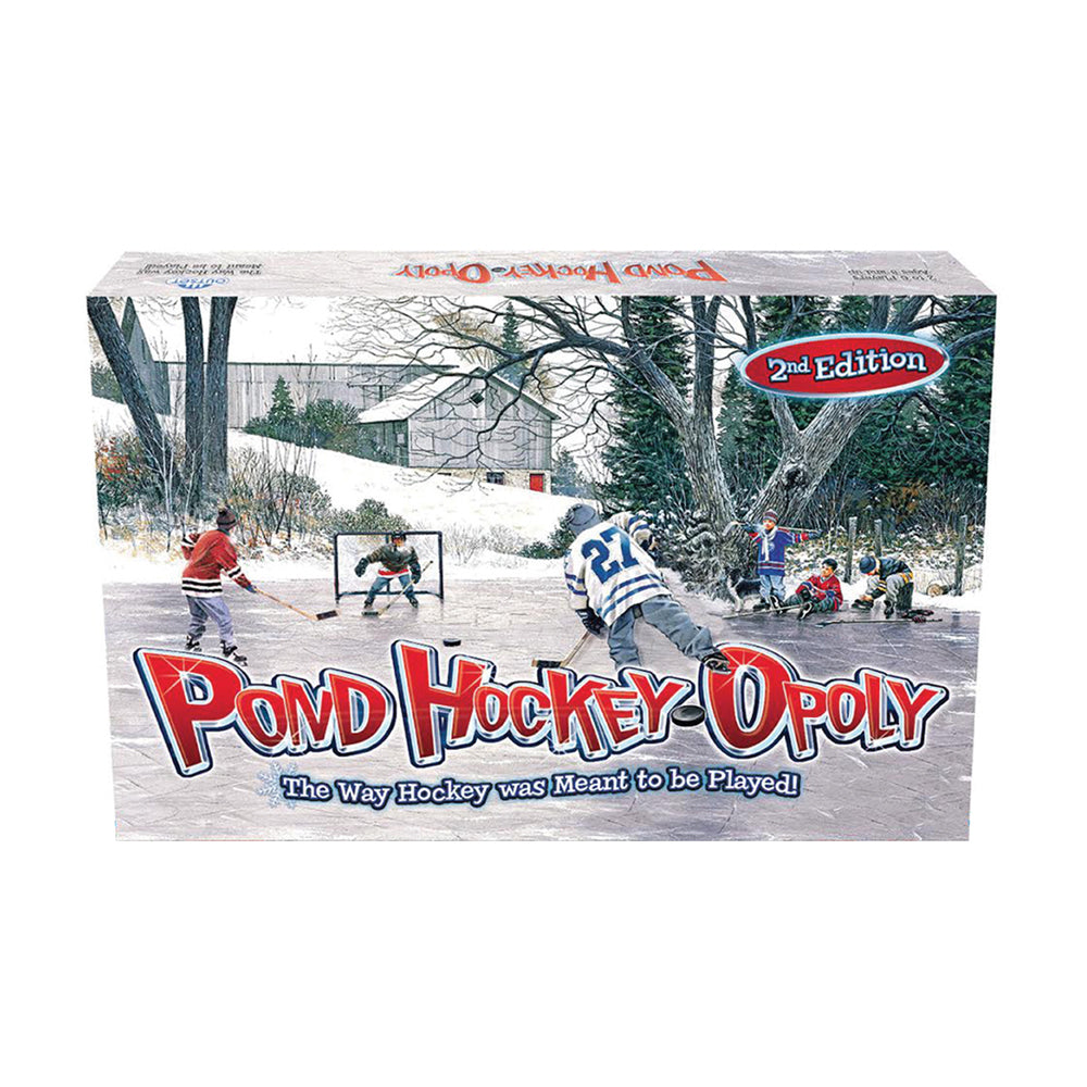 Pond Hockey-opoly 2nd Edition board game box showing children playing ice hockey on a frozen pond with snowy winter landscape