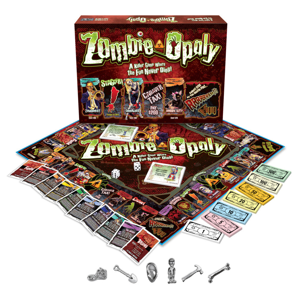 Zombie-opoly board game box and contents displayed, including game board, player tokens, dice, character cards, and colorful paper money