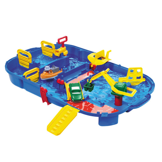 Blue water playset with yellow and red accessories, toy boats, vehicles, and ramps for interactive water play