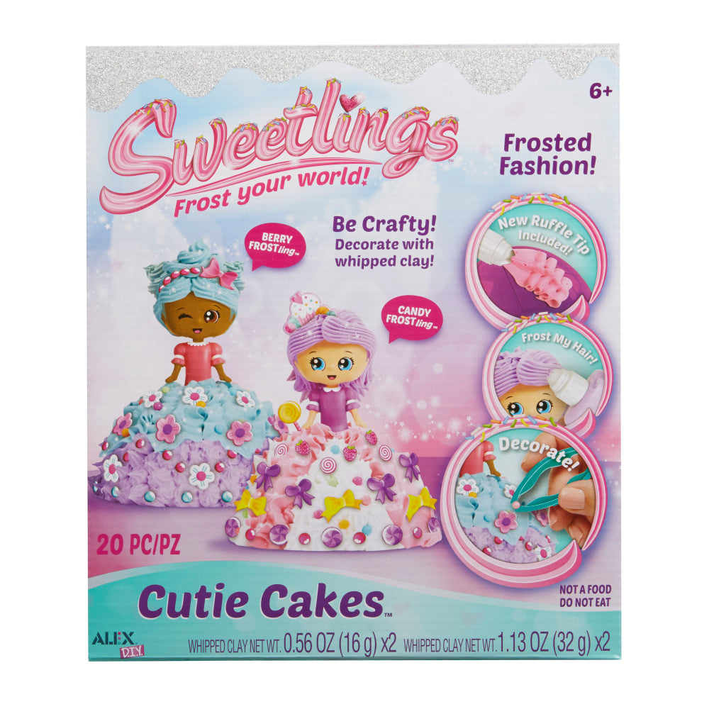 Sweetlings Cutie Cakes whipped clay craft kit packaging showing two decorative cake-shaped dolls with frosting-textured clothing and accessories, plus three cir
