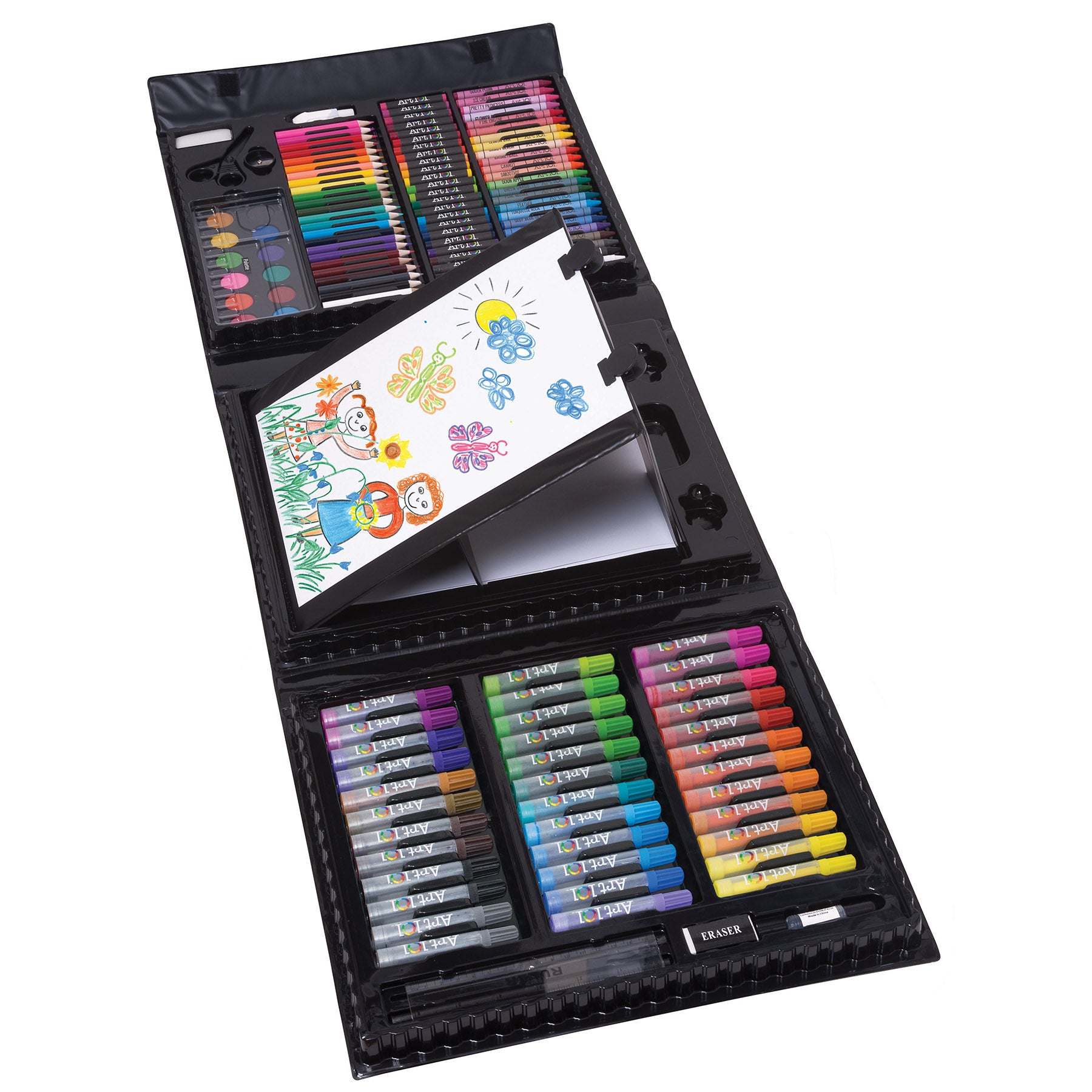 Art 101 Budding Artist 150-Piece Doodle & Color Pop-Up Easel Art Set with organized compartments of colored pencils, markers, and supplies, sample artwork with