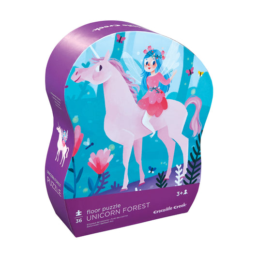 Crocodile Creek Unicorn Forest 36-piece floor puzzle box showing a white unicorn with pink mane and a fairy character riding on it in a blue magical forest sett