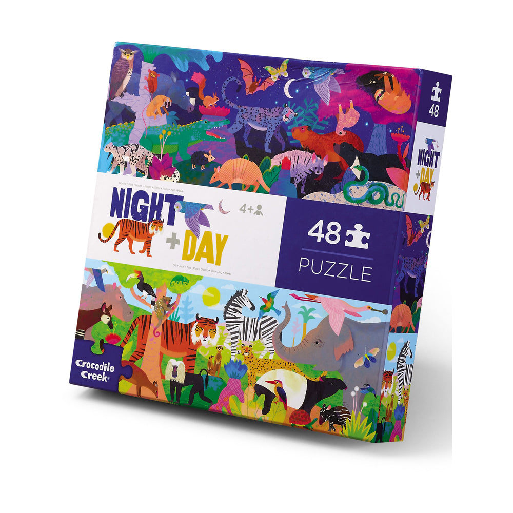 Crocodile Creek Opposites Night & Day 48-piece floor puzzle box showing colorful daytime animals below and nighttime creatures above