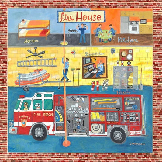 Illustrated cross-section of a firehouse showing dorm with bunk beds, kitchen, dispatch center, equipment room with fire truck, and firefighters at work