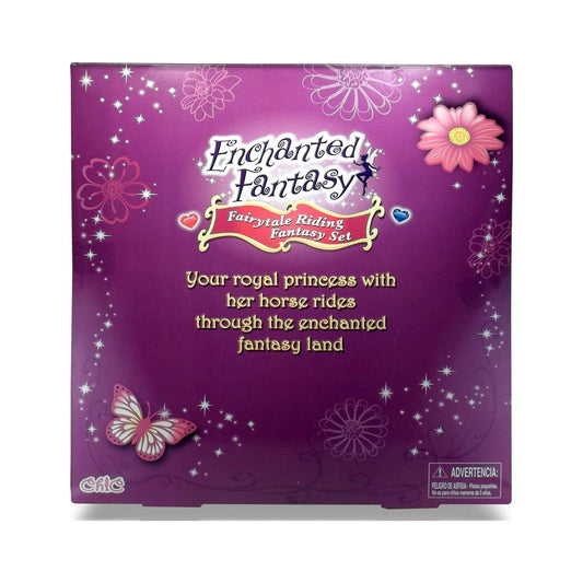 Enchanted Fantasy Fairytale Riding Fantasy Set box with purple background, flowers, butterflies, and stars. Text reads 'Your royal princess with her horse rides