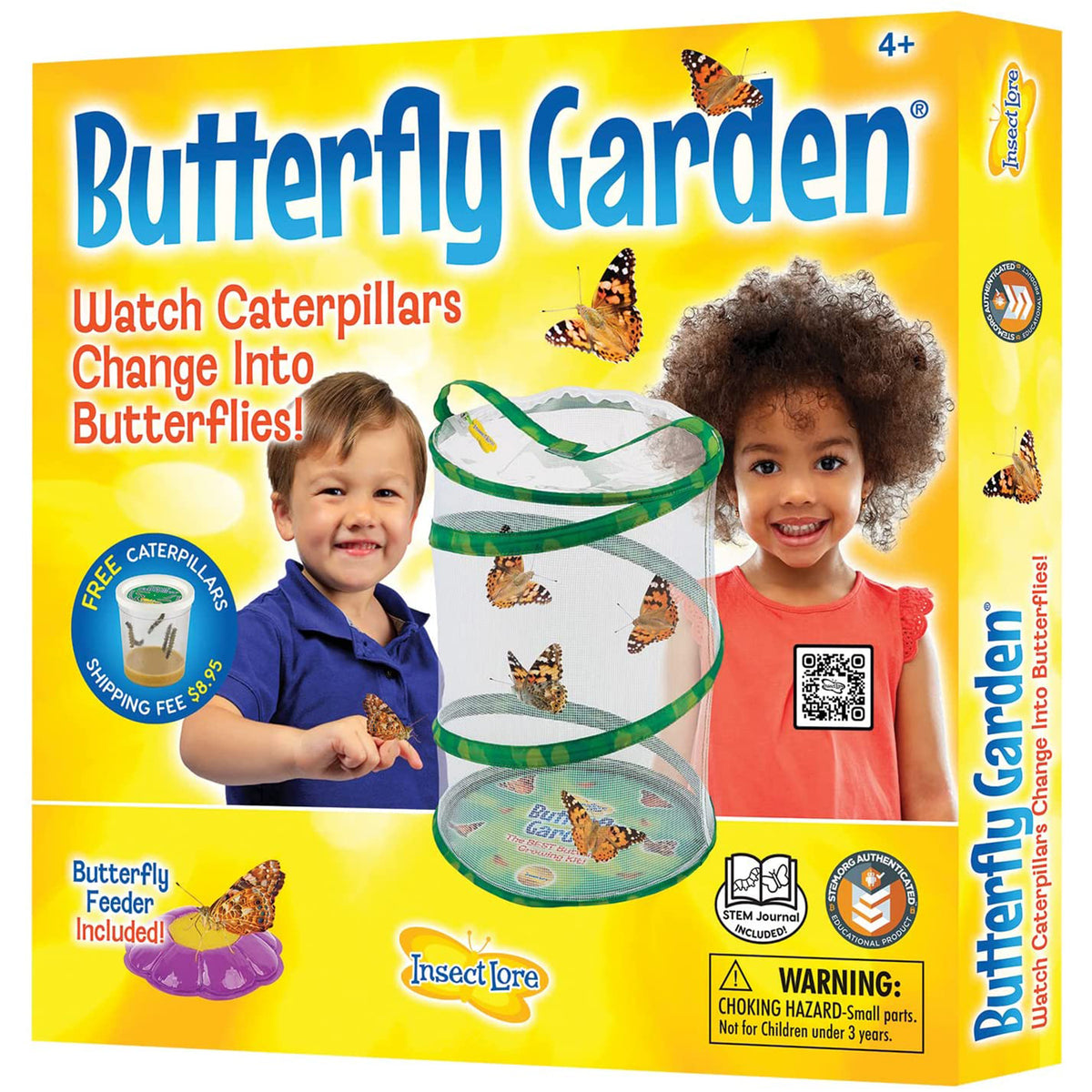 Butterfly Garden live habitat kit with mesh enclosure, butterfly feeder, and two children smiling