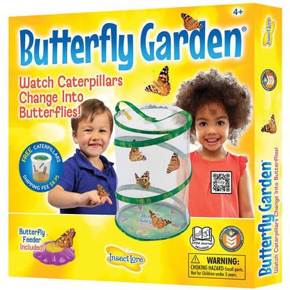 Butterfly Garden live habitat kit with mesh enclosure, butterfly feeder, and two children smiling