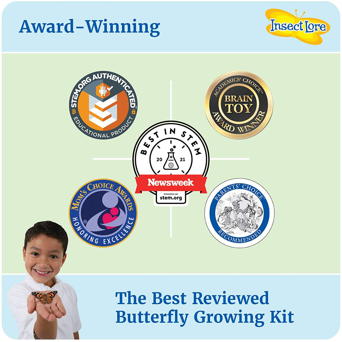 Butterfly Garden Live Habitat Kit with award-winning badges and child holding butterfly