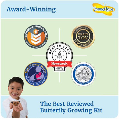 Butterfly Garden Live Habitat Kit with award-winning badges and child holding butterfly