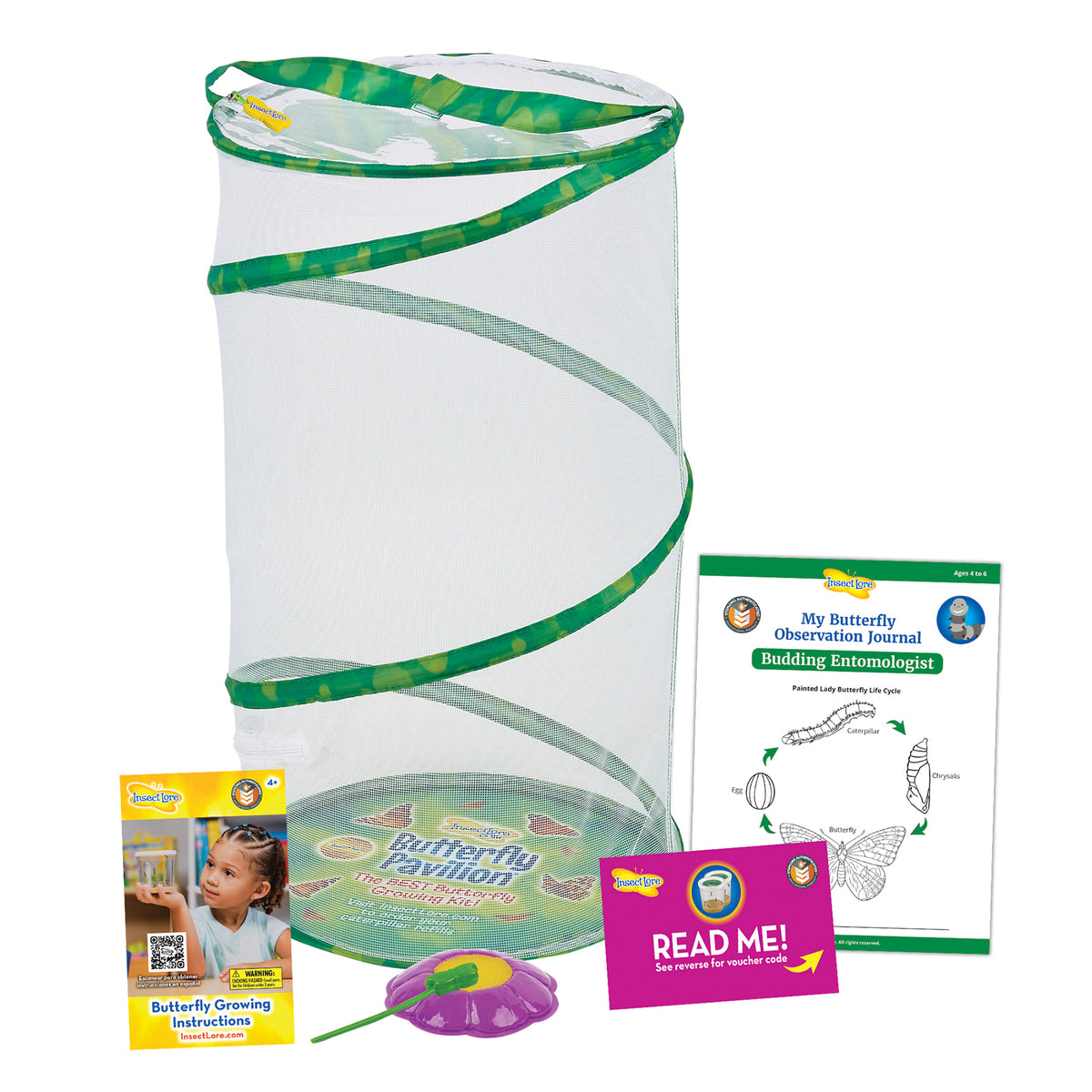 Butterfly Pavilion Habitat Kit with green mesh enclosure, purple feeder, and educational materials