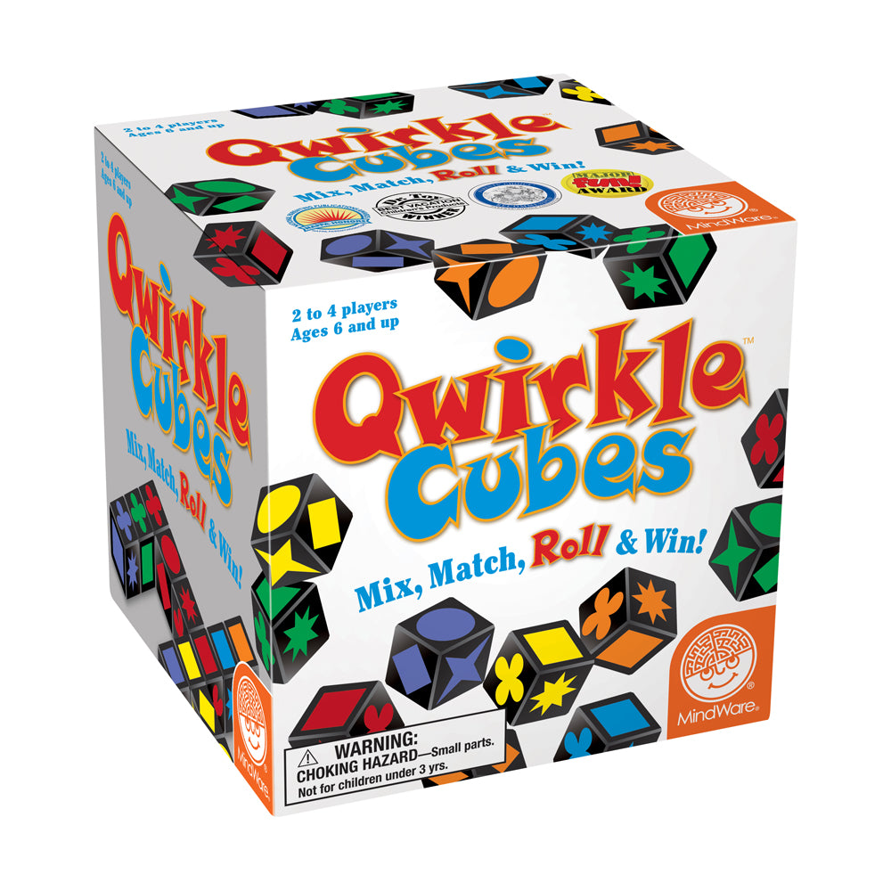 Qwirkle Cubes board game box showing colorful patterned cubes, tagline 'Mix, Match, Roll & Win!' for 2 to 4 players ages 6 and up