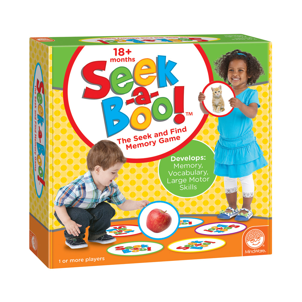 Seek-a-Boo The Seek and Find Memory Game box showing two children playing with colorful matching cards featuring objects like a cat and apple