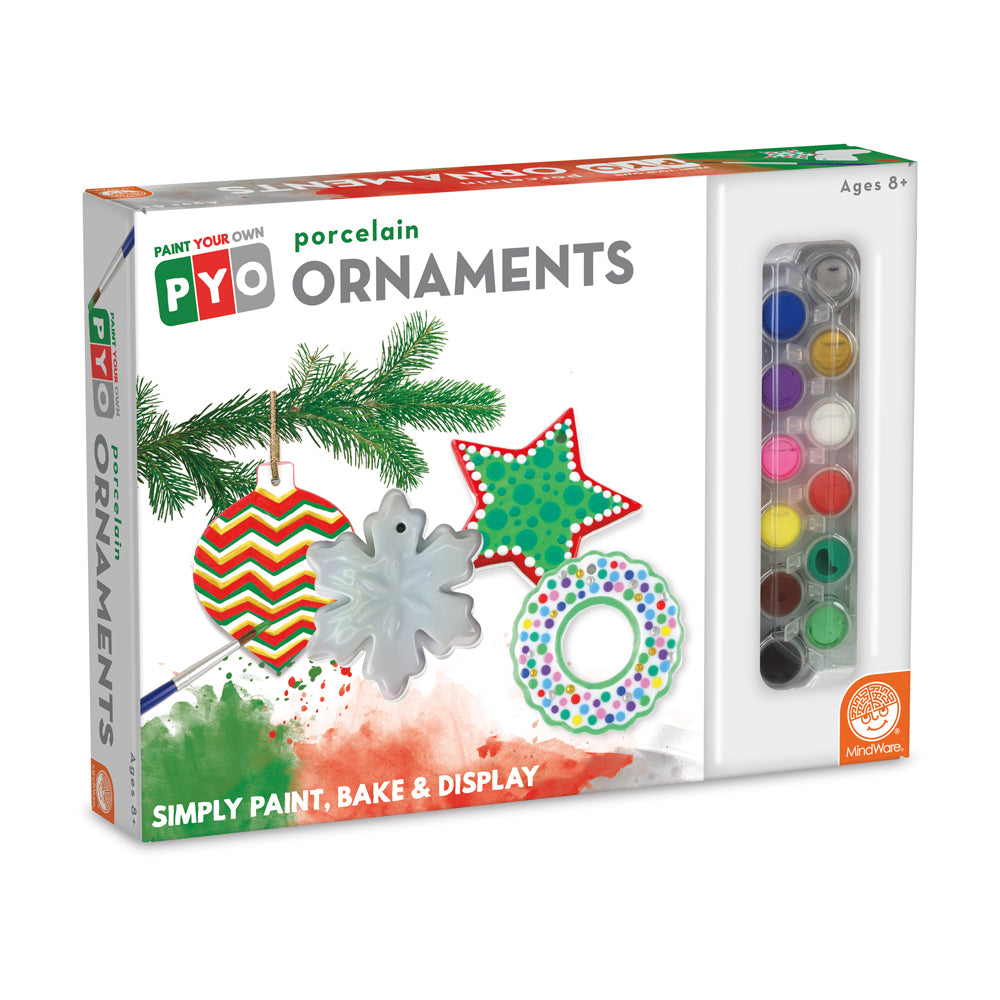 Paint Your Own Porcelain Ornaments craft kit box showing three unpainted ceramic holiday ornaments (ball, snowflake, star, and wreath) with paintbrush and palet