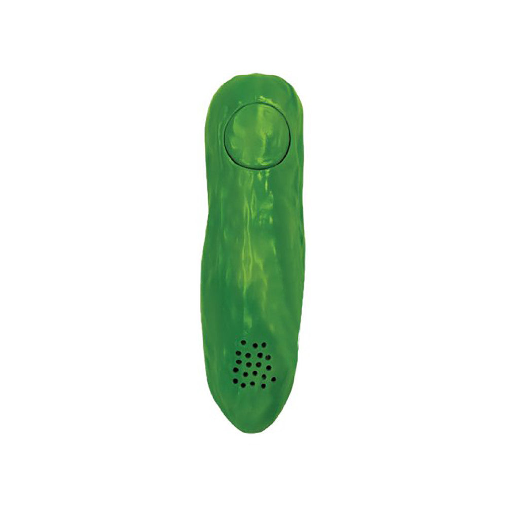 Green pickle-shaped toy with a circular window at the top and speaker holes near the bottom