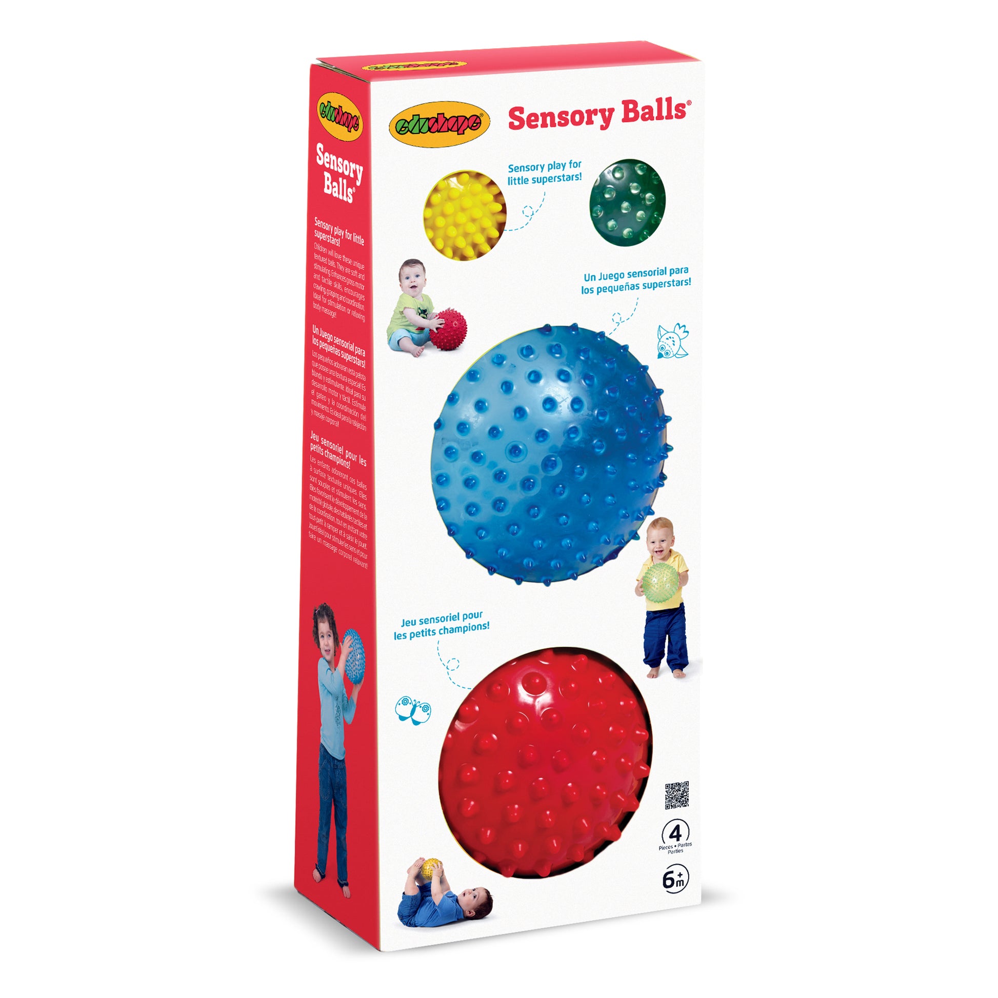 Edushape Sensory Ball Mega Pack box showing four textured nubby balls in yellow, green, blue, and red, modeled by children for sensory play