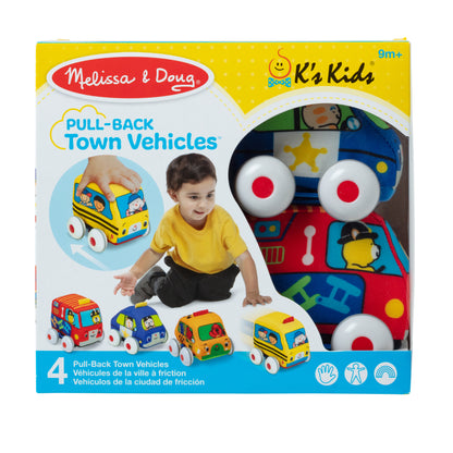 Melissa & Doug K's Kids Pull-Back Town Vehicles set with 4 colorful soft toy cars