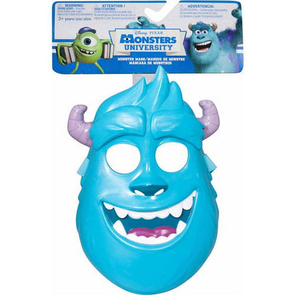 Blue monster mask from Disney Pixar Monsters University with purple horns, large eye holes, and grinning teeth, shown on plain white background