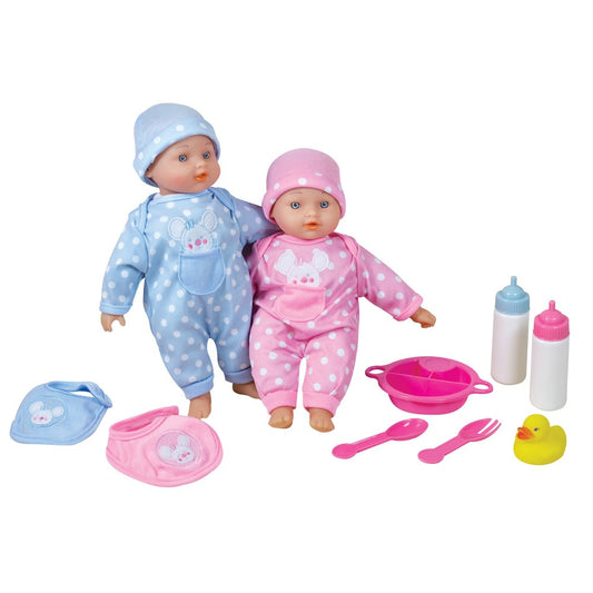 Two 11-inch baby dolls in blue and pink polka-dot outfits with matching hats, displayed with accessories including bottles, plates, spoon, fork, bib, and yellow