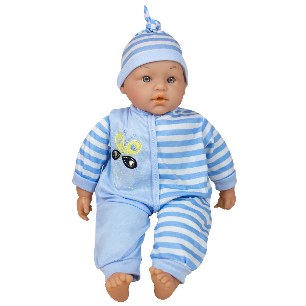 Baby doll wearing blue and white striped pajamas and matching striped hat with bunny ears detail, with painted face and open mouth expression