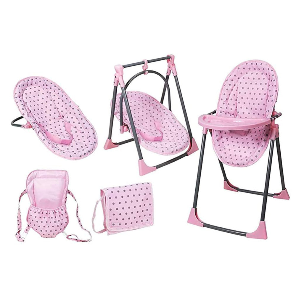 Pink polka-dot doll furniture set with six pieces: standalone bouncer seat, swing with frame, high chair, carrier backpack, and changing pad