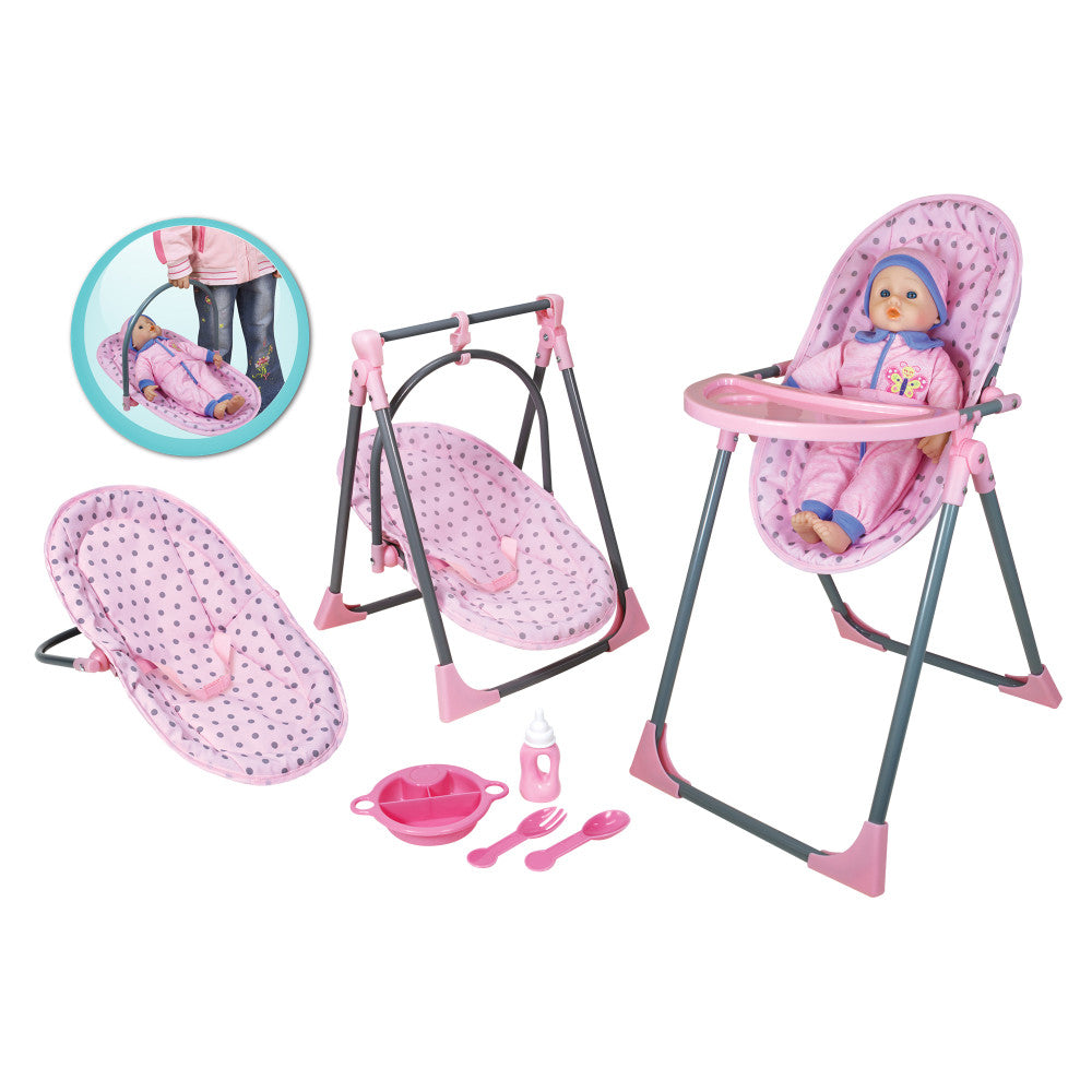 Lissi Doll Transformable 4-in-1 Highchair and Playset with pink patterned seat, swing, feeding accessories, and doll modeled by a child