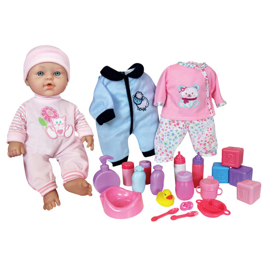 12-inch baby doll with pink hat and outfit, accompanied by two additional outfits, feeding bottles, dishes, utensils, toy duck, and building blocks