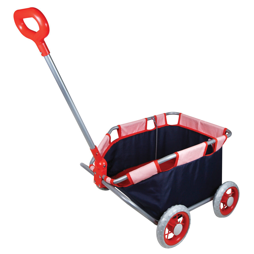 Red and navy doll pull cart with foldable fabric basket, gray handle, and red wheels