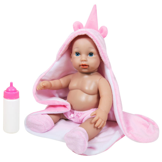 Baby doll with blue eyes and rooted hair wearing pink unicorn hood with pointed horn and ears, includes white bottle with pink cap and pink socks