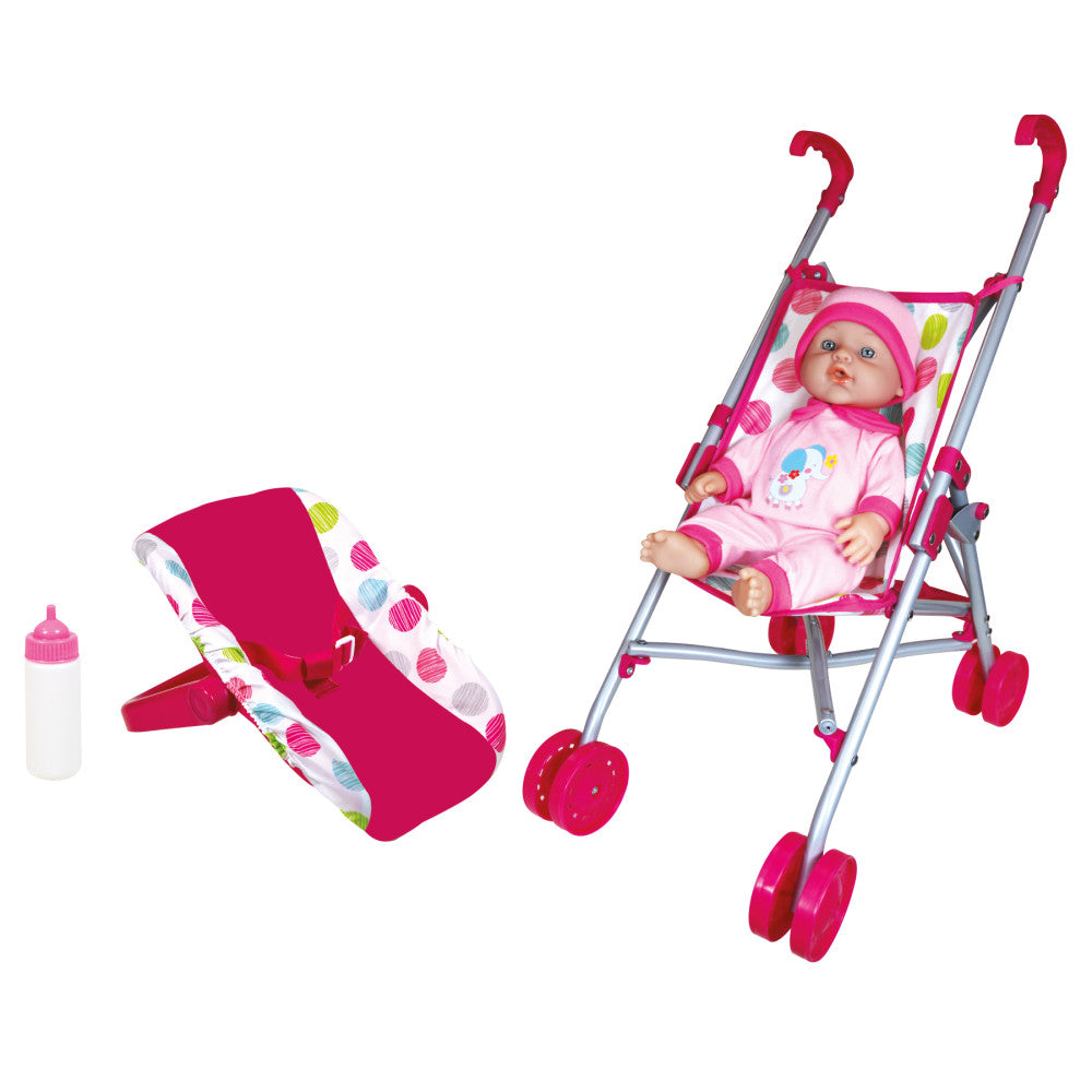Twin baby dolls with pink outfits and accessories including a jogger stroller, infant bouncer seat, and bottle