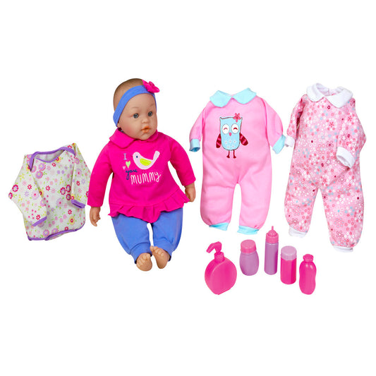 Baby doll with brown hair wearing blue headband and pink outfit with bird design, displayed with extra clothing sets in pink, accessories including bottles and