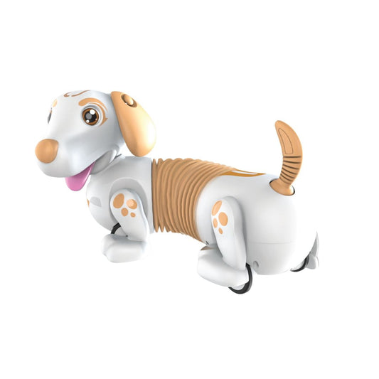 White and tan robotic puppy with pink tongue, articulated accordion-style midsection, paw pad details, and poseable tail on plain background