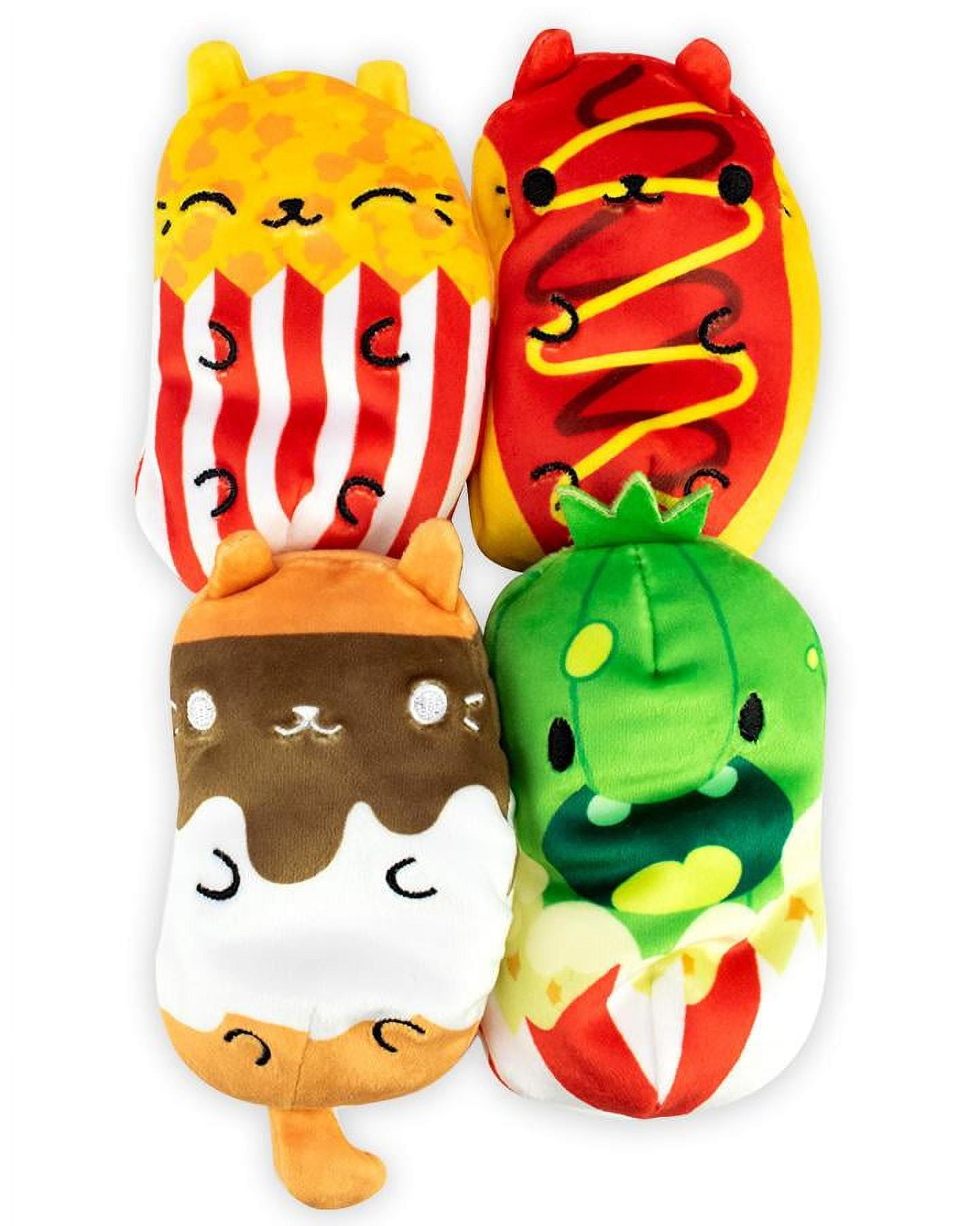 Four colorful plush toy characters with embroidered faces stacked vertically: yellow cat with red-and-white striped body, red creature with yellow laces, brown-