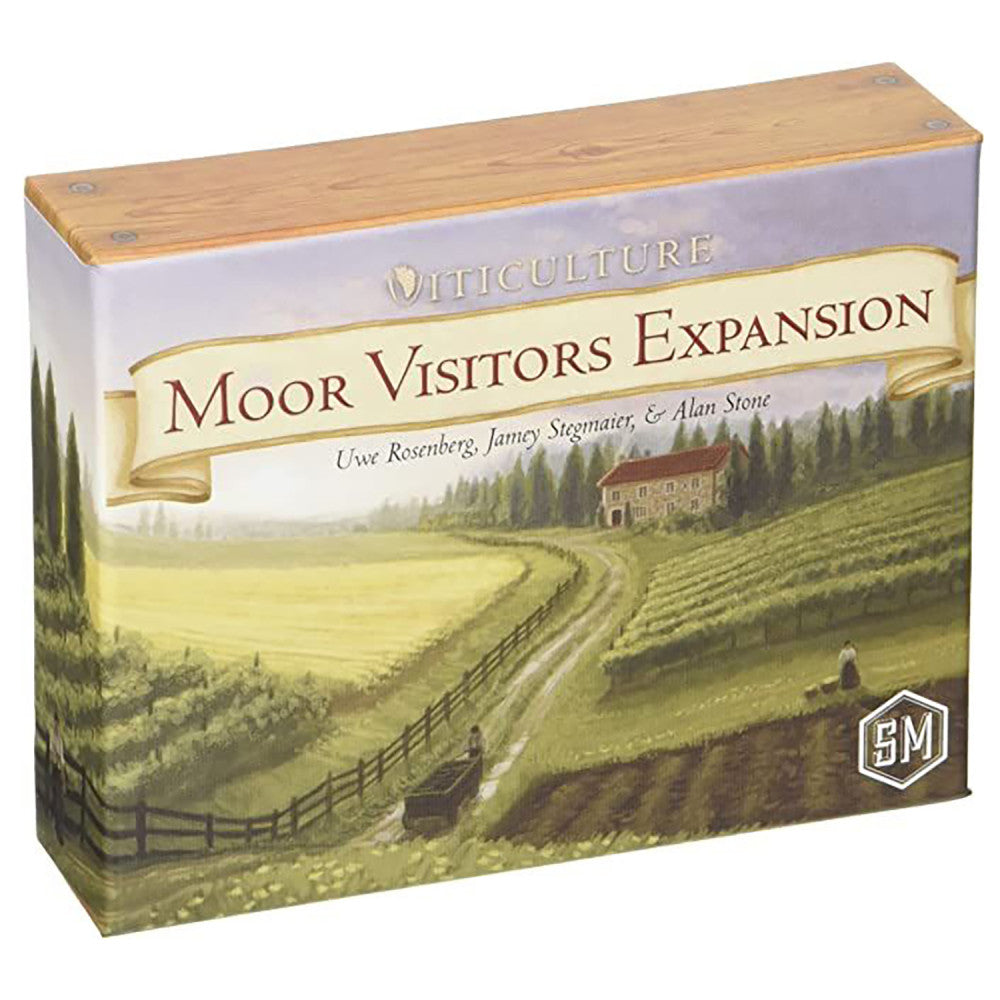Viticulture Moor Visitors Expansion board game box with wooden top, rural vineyard landscape illustration, and designer credits