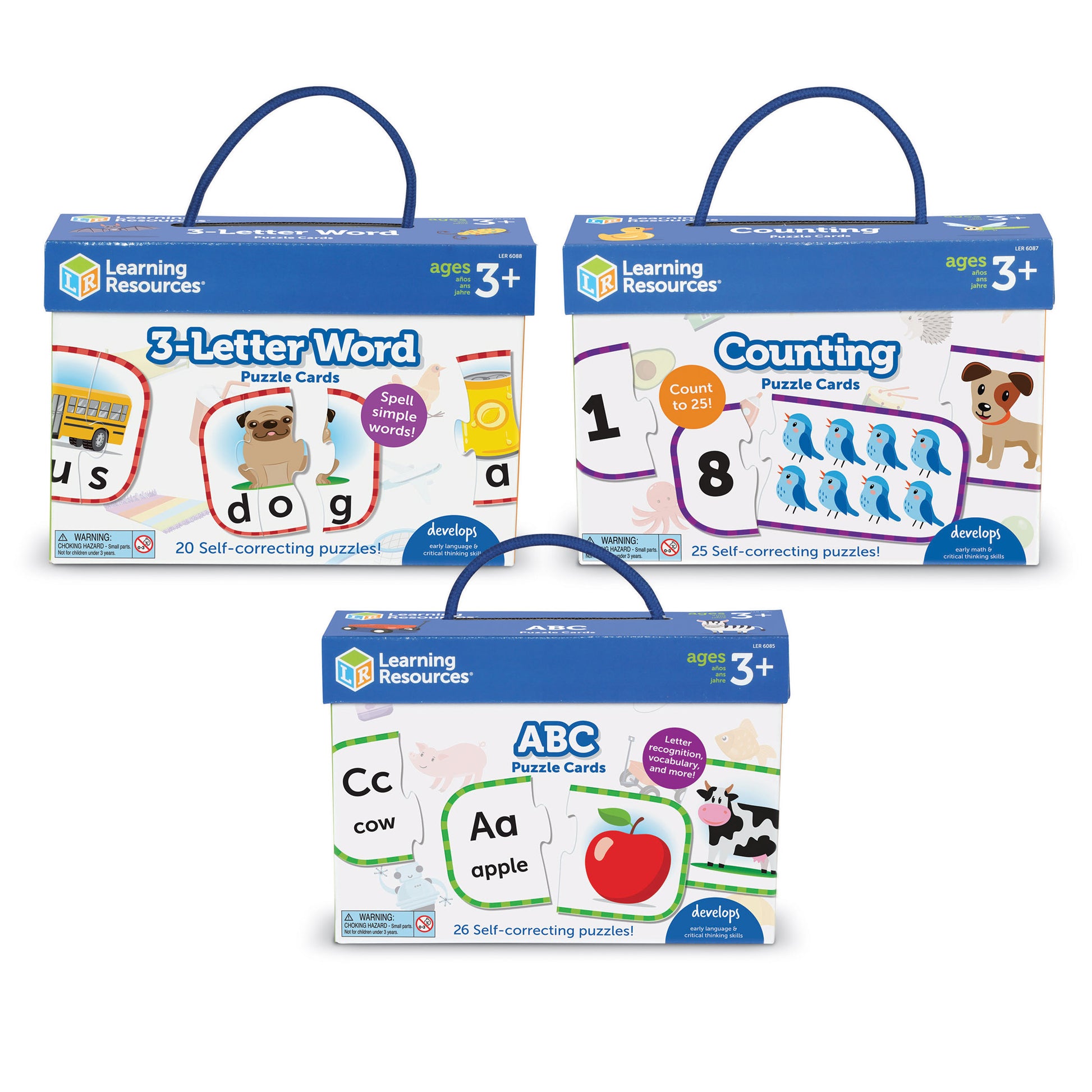 Three Learning Resources puzzle card sets with blue carrying handles: 3-Letter Word Puzzle Cards (20 puzzles), Counting Puzzle Cards counting to 25 (25 puzzles)