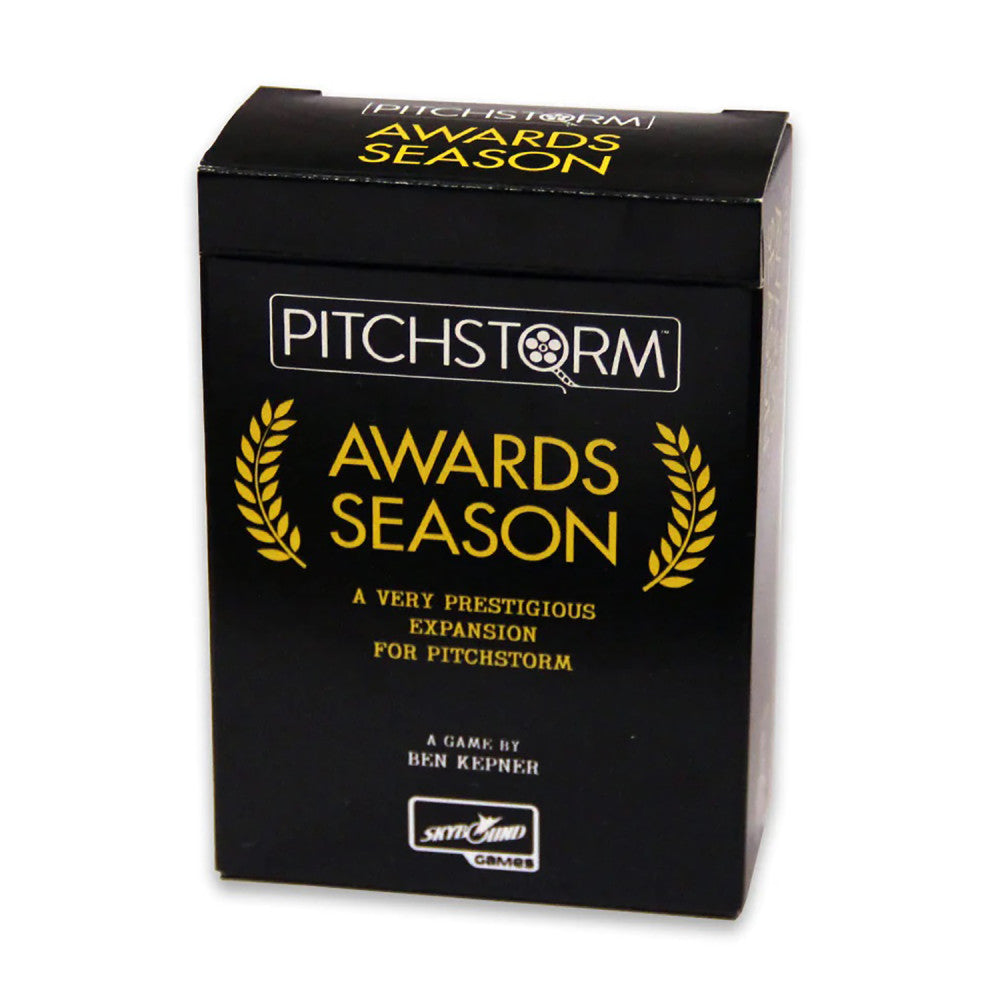 Pitchstorm: Awards Season black box expansion pack with gold laurel wreath design and yellow text