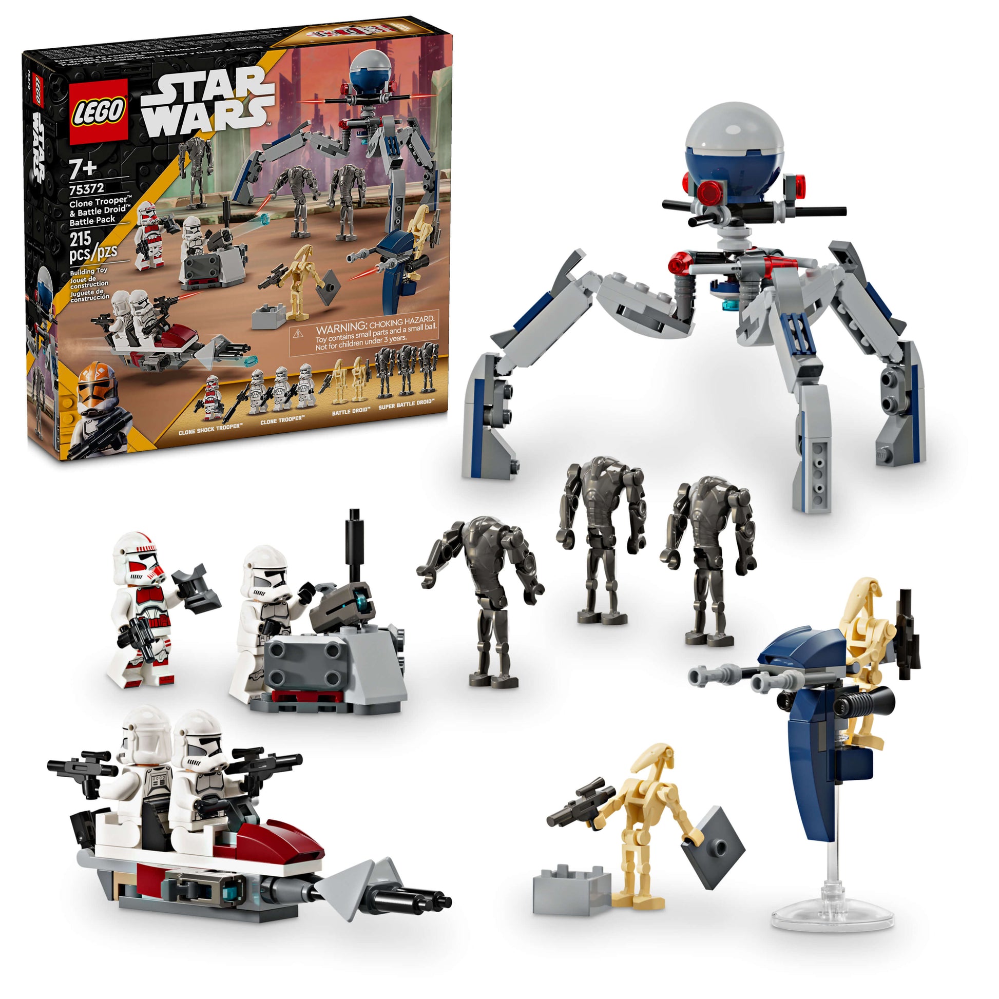 LEGO Star Wars Clone Trooper & Battle Droid Battle Pack 75372 set with box, buildable droid figure, Clone Trooper minifigures, Battle Droid minifigures, and sma