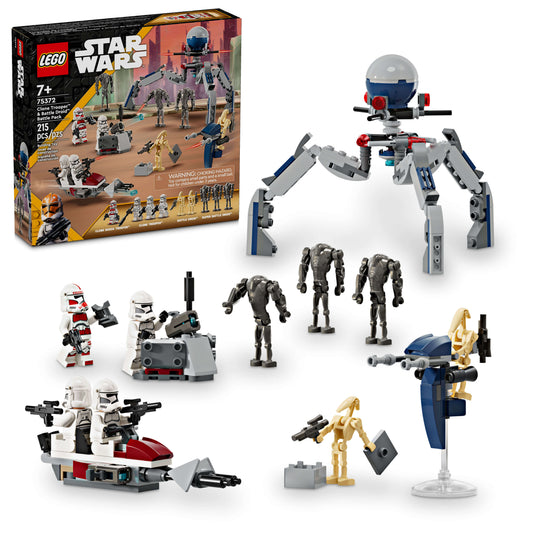 LEGO Star Wars Clone Trooper & Battle Droid Battle Pack 75372 set with box, buildable droid figure, Clone Trooper minifigures, Battle Droid minifigures, and sma