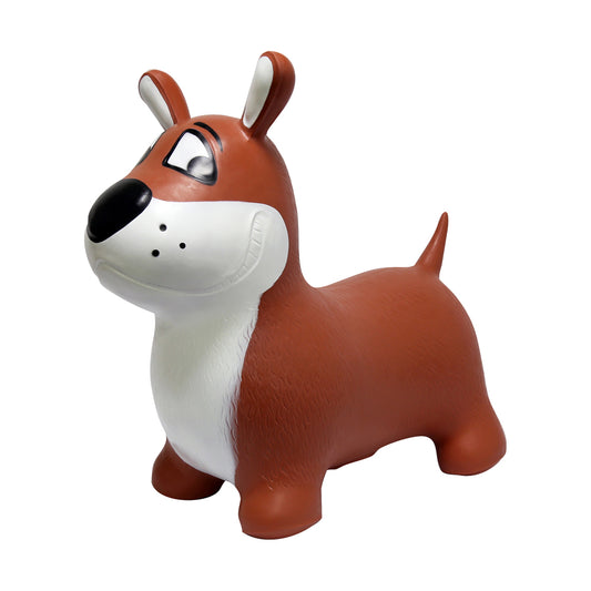 Red and white inflatable bouncing dog toy with long ears, black nose patch, and sturdy legs on plain background