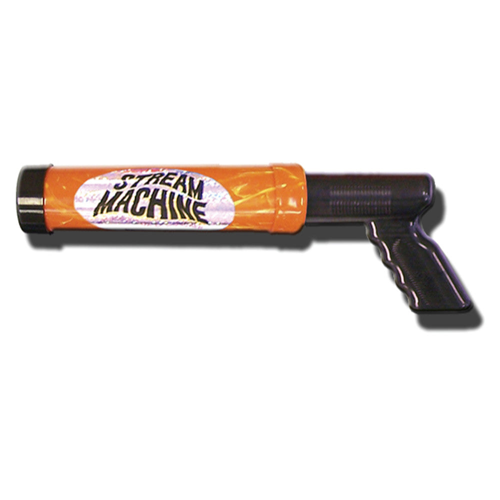 Stream Machine water launcher with orange barrel and black grip handle on plain background