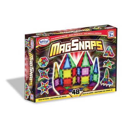 MagSnaps 48-piece magnetic building set with colorful triangular and square pieces assembled into a castle structure on package box