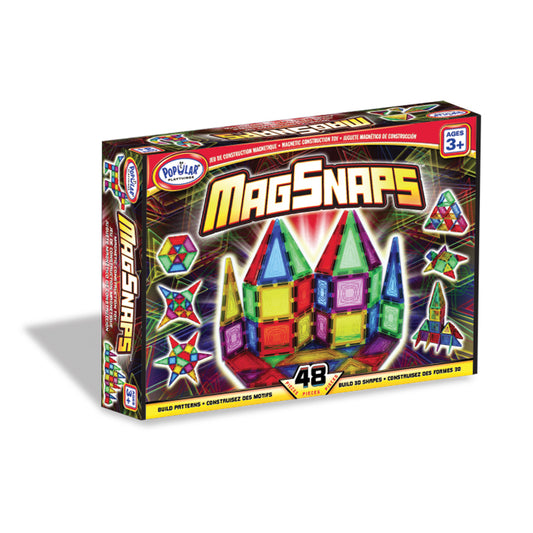 MagSnaps 48-piece magnetic building set with colorful triangular and square pieces assembled into a castle structure on package box