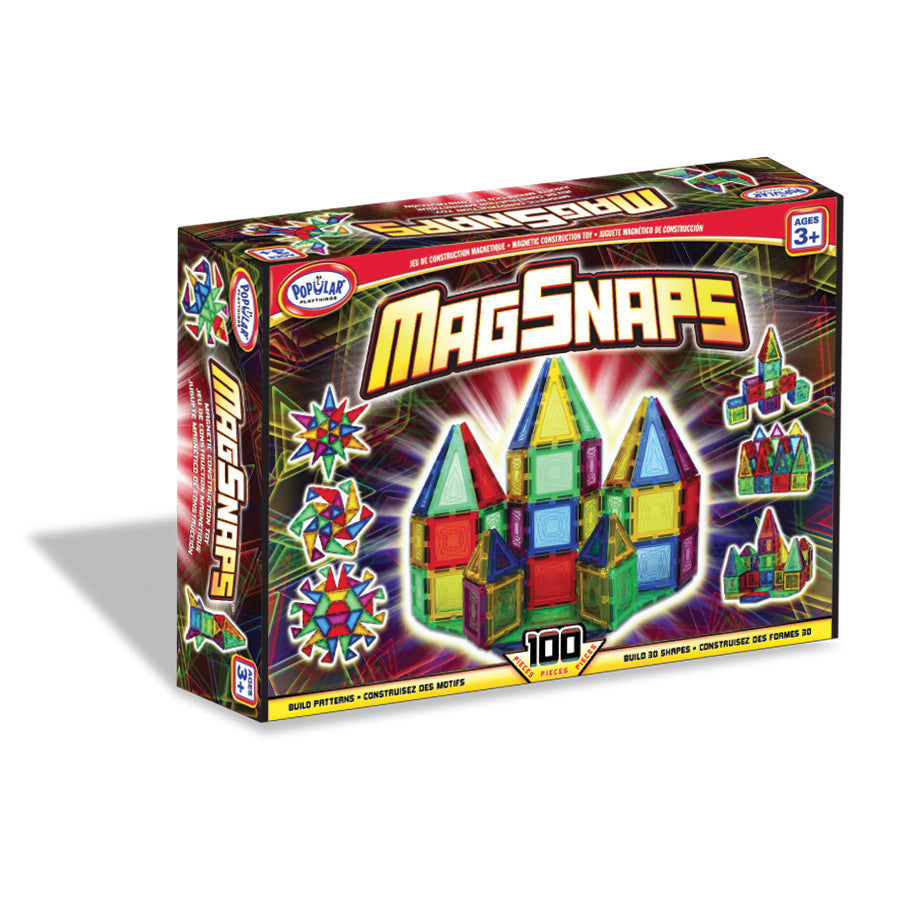 MagSnaps 100-piece magnetic building set with colorful translucent shapes forming a castle structure on packaging