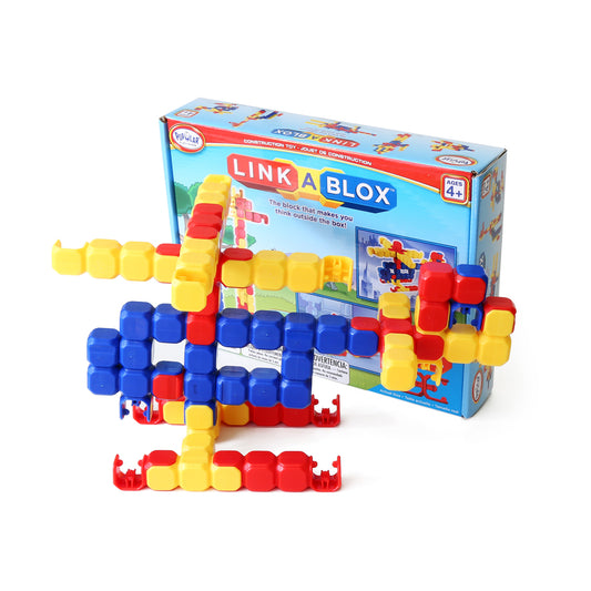 LinkaBlox building set with colorful interlocking blocks in blue, red, and yellow arranged in 3D structures next to the product box