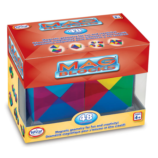 Mag Blocks 48-piece magnetic building set with colorful pyramid-shaped pieces in red, blue, purple, yellow, and green on red packaging labeled for ages 4+