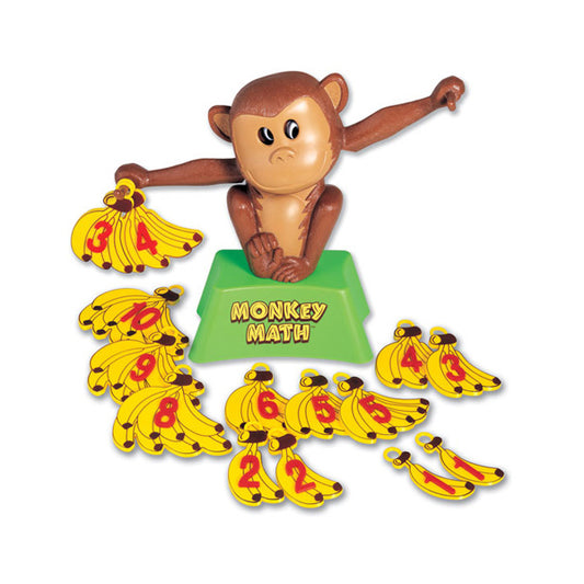 Brown monkey figure with outstretched arms balancing on green base labeled Monkey Math, surrounded by yellow banana-shaped pieces numbered 1-6 for counting and