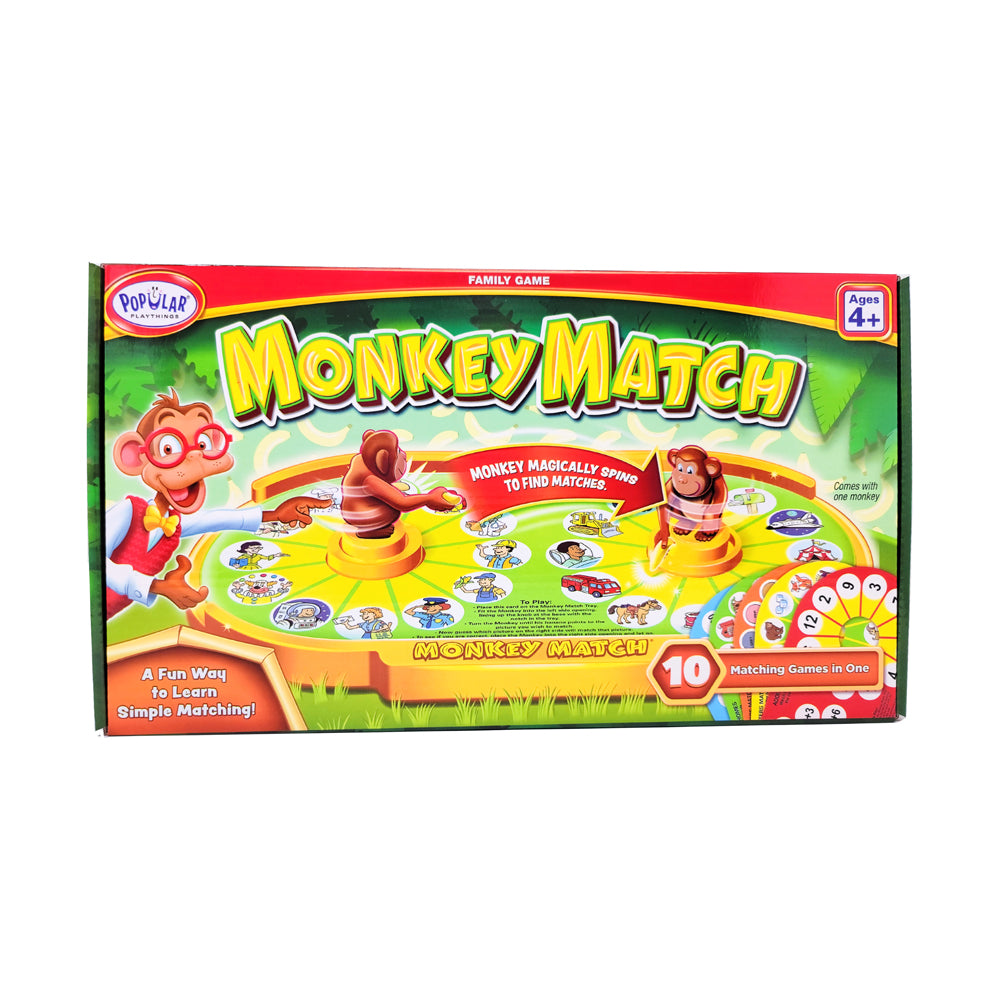 Monkey Match game box showing colorful board with two monkey figurines, matching cards, and game pieces on green and yellow background