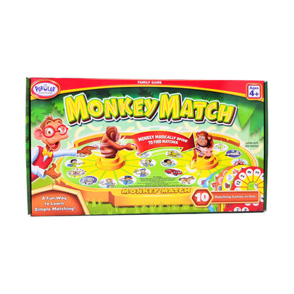 Monkey Match game box showing colorful board with two monkey figurines, matching cards, and game pieces on green and yellow background