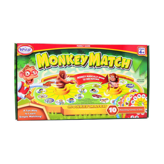 Monkey Match game box showing colorful board with two monkey figurines, matching cards, and game pieces on green and yellow background
